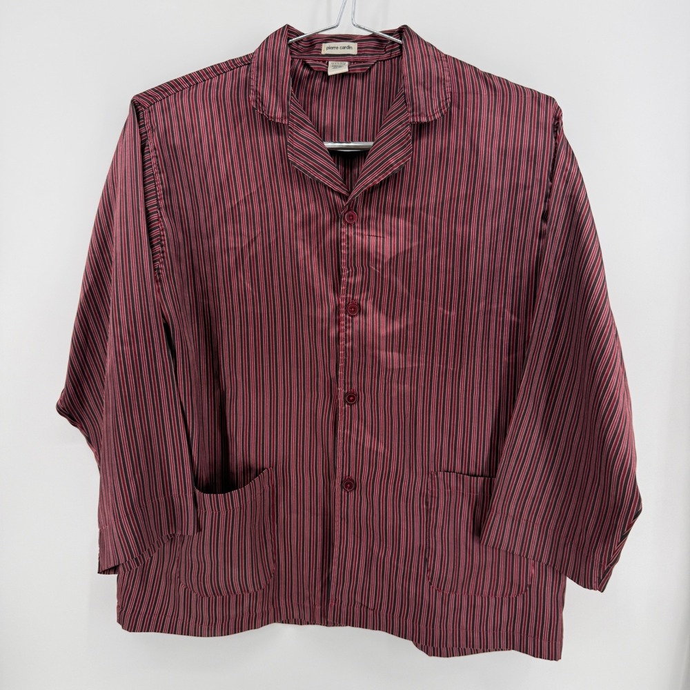 Pierre Cardin Pajama Top Mens XL Burgundy Striped Polyester Button Front Pocket